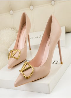 Eloshman 9.5cm Fashion Professional Shallow Mouth Pointed Metal V-Home Square Button Thin Heel High Heel Beige  - Image 2