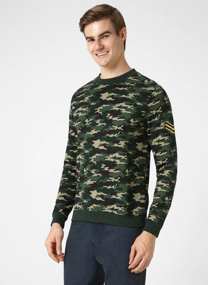 Urbano Fashion Men's Green Cotton Camouflage Printed Round Neck Sweatshirt