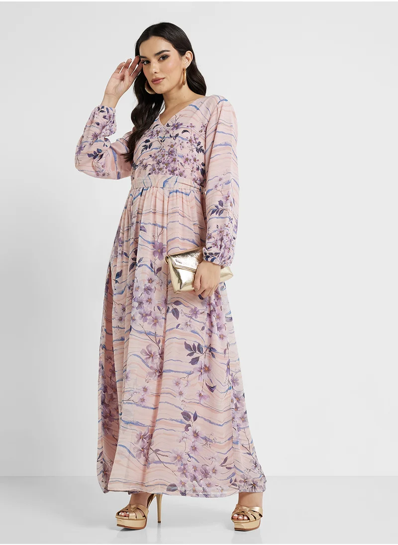 كشخة Floral Print Dress with Embellishment (VDU549)