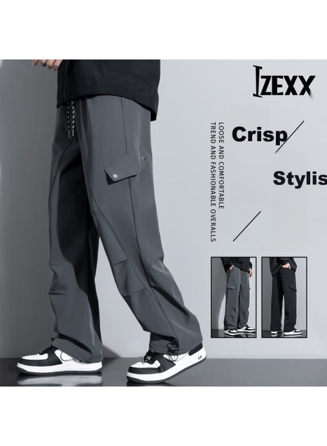 Izexx Vintage Functional Style Straight-leg Pants Men Spring Trendy Streetwear Loose Casual Trousers Zxi89 Dark Gray 3XL - Image 1