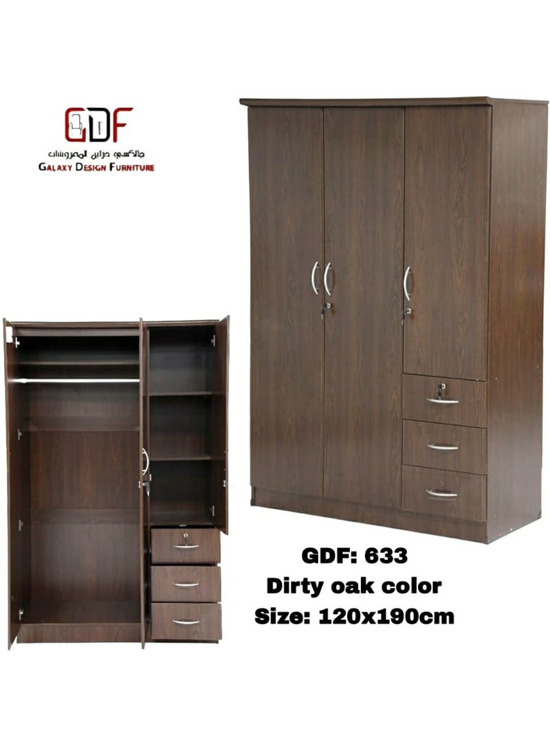 Galaxy Design 3 Door Wardrobe with Drawers – Modern Dirty Oak MDF Wooden Bedroom Closet with Spacious Storage - Image 1