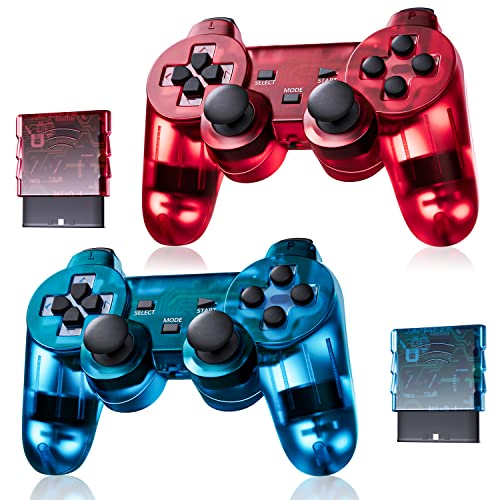 Burcica Wireless Controller for PS-2 Play 2 Double Vibration 2 - ClearBlue and ClearRed - Image 1