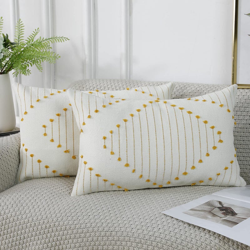 PANOD Set of 2 Boho Tufted Throw Pillow Covers with Tassel 12x20 inch Decorative Indoor Outdoor Bohemian Lumbar Cushion case Pillowcase for Couch Sofa Livingroom car Farmhouse Yellow and Cream White
