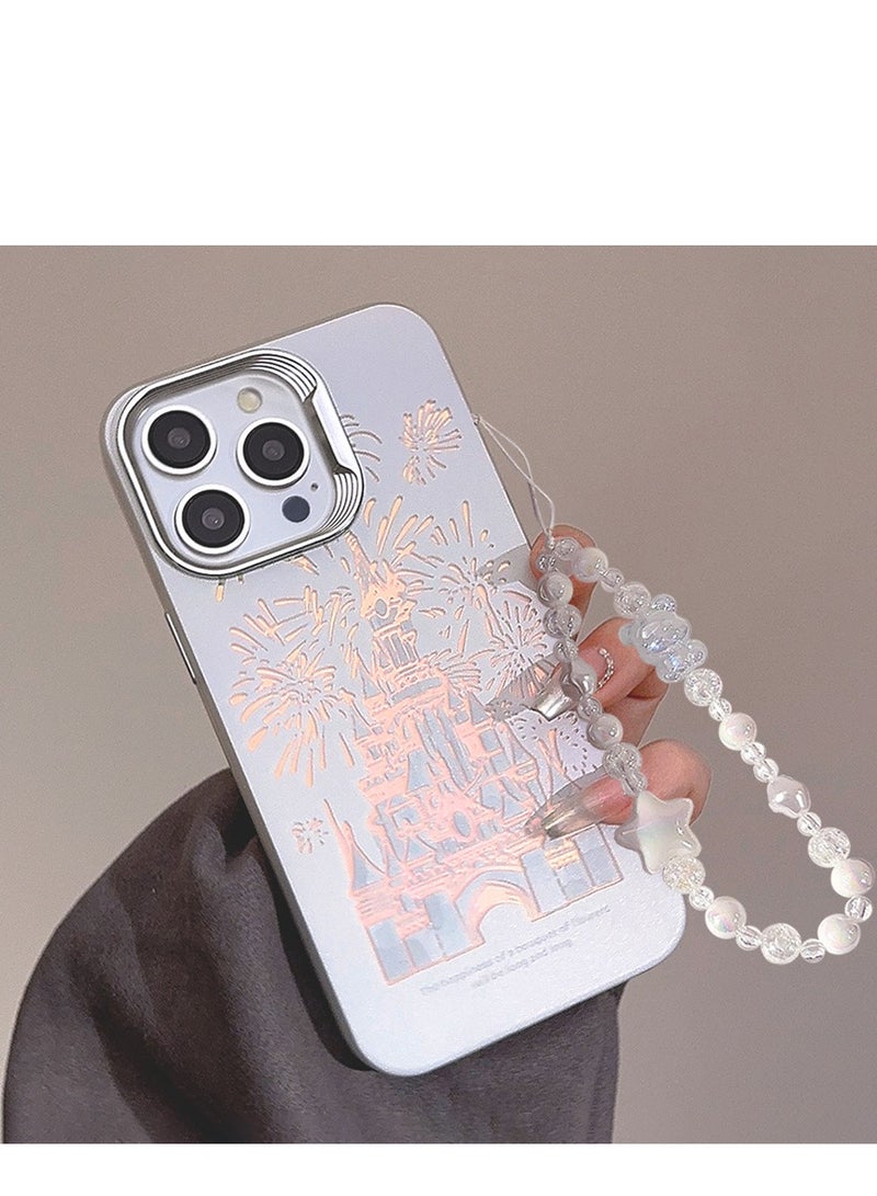 The latest popular pink girl PC electroplating laser anti-fall pink castle Apple 16Promax mobile phone case (with free pearl pendant)