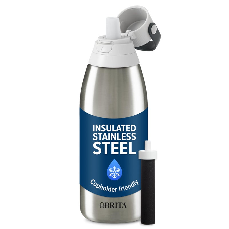 Brita Stainless Steel Premium Filtering Water Bottle, BPA-Free, Reusable, Insulated, Replaces 300 Plastic Water Bottles, Filter Lasts 2 Months or 40 Gallons, Includes 1 Filter, Stainless - 32 oz - Image 1