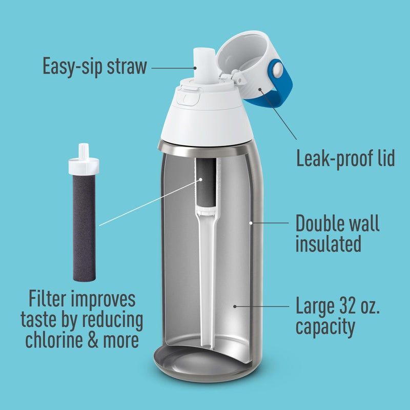 Brita Stainless Steel Premium Filtering Water Bottle, BPA-Free, Reusable, Insulated, Replaces 300 Plastic Water Bottles, Filter Lasts 2 Months or 40 Gallons, Includes 1 Filter, Stainless - 32 oz - Image 2