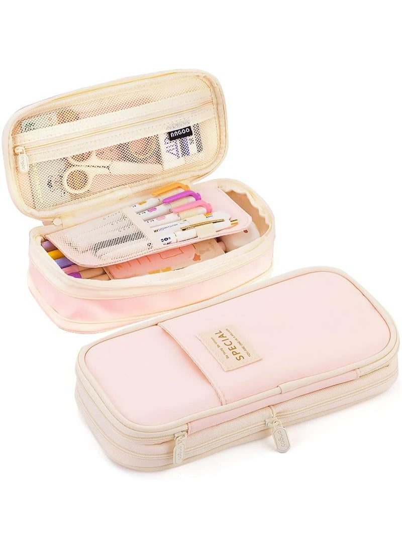 Expandable Pencil case with compartments, Large Capacity Pencil Cases Pencil Bag Pouch Office School, Portable Pencil Case Large School Stationery Organizer, Makeup Cosmetic Bag, Pink