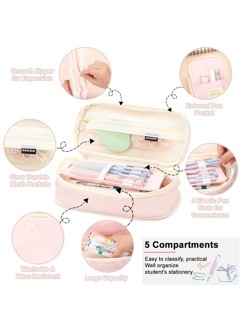 Expandable Pencil case with compartments, Large Capacity Pencil Cases Pencil Bag Pouch Office School, Portable Pencil Case Large School Stationery Organizer, Makeup Cosmetic Bag, Pink