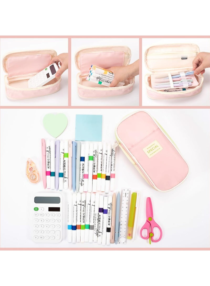 Expandable Pencil case with compartments, Large Capacity Pencil Cases Pencil Bag Pouch Office School, Portable Pencil Case Large School Stationery Organizer, Makeup Cosmetic Bag, Pink