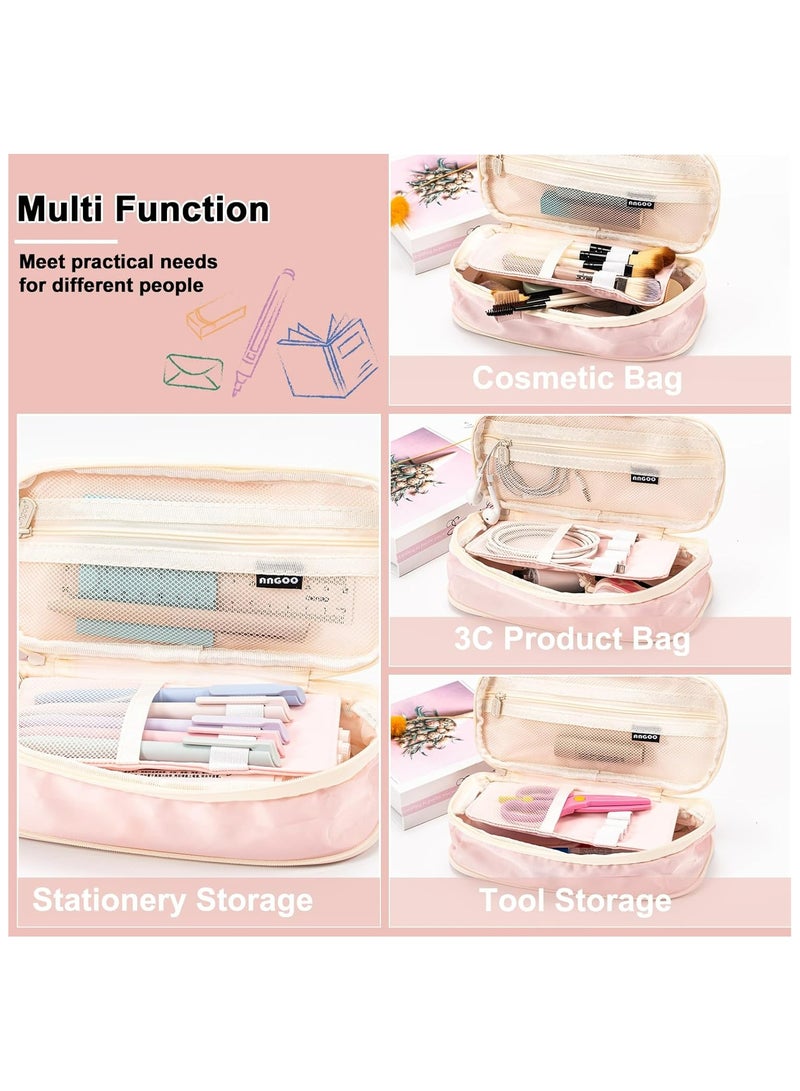 Expandable Pencil case with compartments, Large Capacity Pencil Cases Pencil Bag Pouch Office School, Portable Pencil Case Large School Stationery Organizer, Makeup Cosmetic Bag, Pink