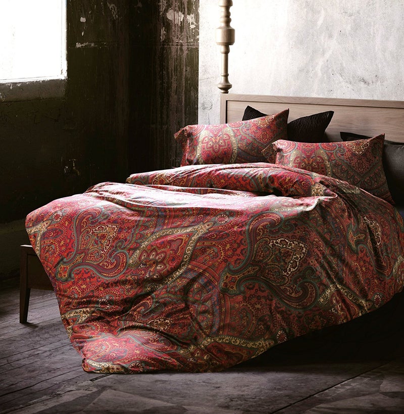 Eikei Boho Paisley Print Luxury Duvet Quilt Cover and Shams 3pc Bedding Set Bohemian Damask Medallion 350TC Egyptian Cotton Sateen Palatial King 120x98 Super King Spanish Red