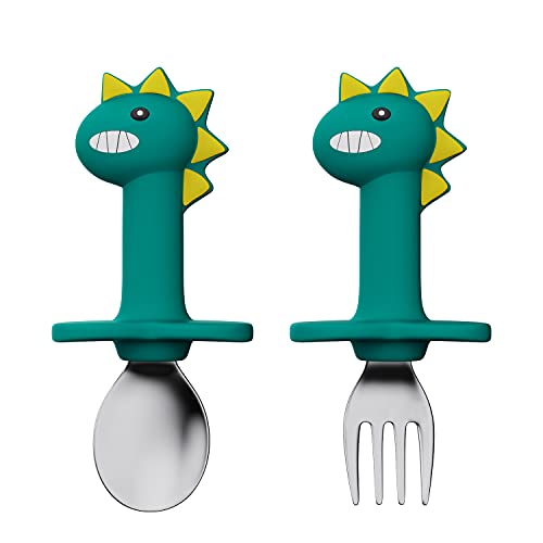 SFCCMM Toddler Utensils Stainless Steel Forks and Spoons Safe Children's Cutlery Set Handle Cartoon Cute for Baby (Green Dinosaur - Short) - Image 1