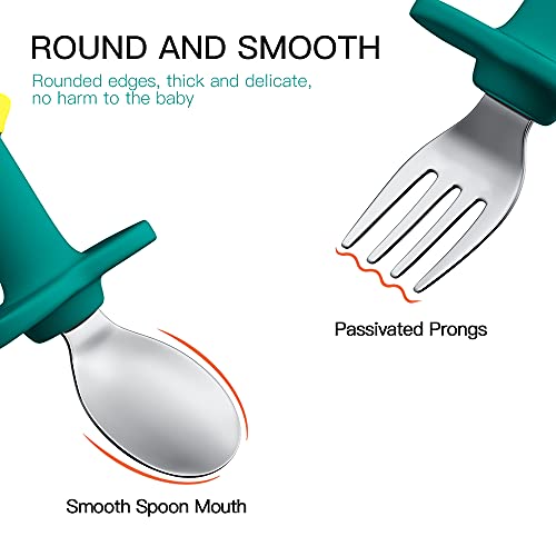 SFCCMM Toddler Utensils Stainless Steel Forks and Spoons Safe Children's Cutlery Set Handle Cartoon Cute for Baby (Green Dinosaur - Short) - Image 2
