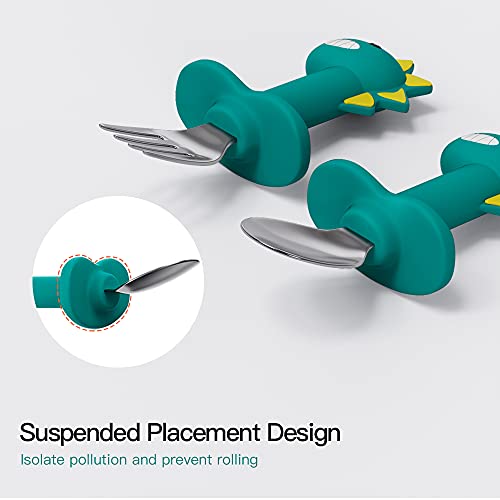 SFCCMM Toddler Utensils Stainless Steel Forks and Spoons Safe Children's Cutlery Set Handle Cartoon Cute for Baby (Green Dinosaur - Short) - Image 3