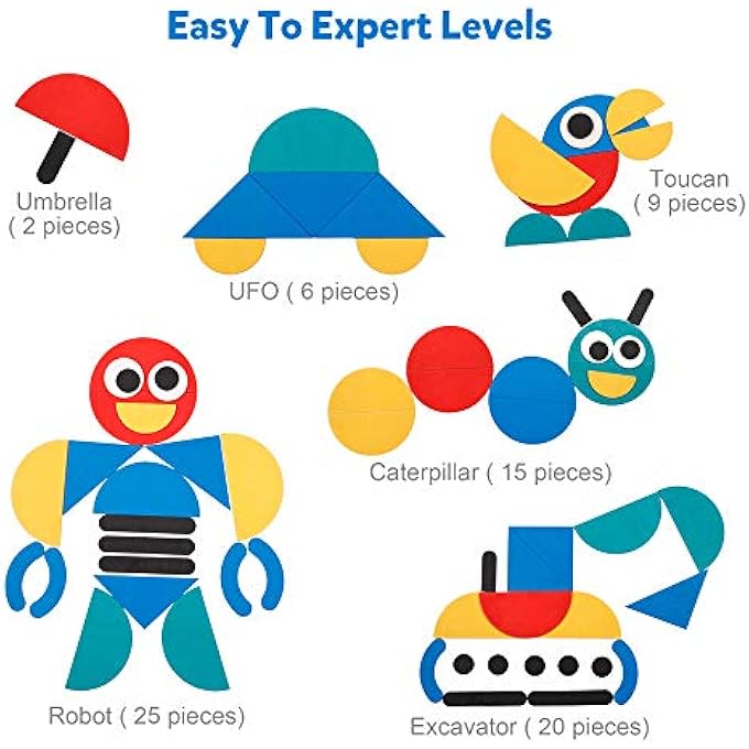 WOODEN PATTERN BLOCKS - TANGRAM SHAPE PUZZLE SET COLOR SORTING STACKING GAME WOOD ANIMAL JIGSAW PRESCHOOL MONTESSORI BRAIN TEASER STEM GIFT FOR 3 4 5 YEARS OLD TODDLER KID (60 PATTERN CARDS) - Image 3