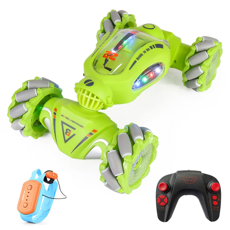 Remote Control Stunt Car 2.4GHz Remote Control Twist Car Remote Control Spray Car with Function Lateral Movement, Breathing Light, Deformation, Double-sided Driving, Wrist Watch-Dual Remote Control - Image 1