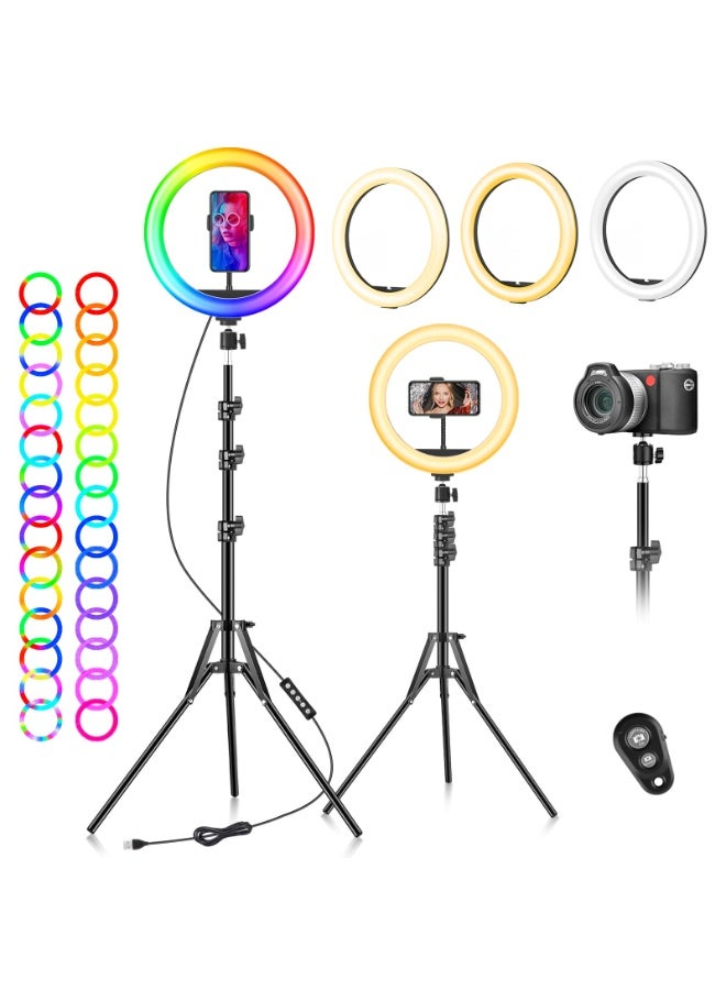 10 inch RGB LED Ring Light with Tripod Stand & Phone Holder, Dimmable for Selfie, Video & Live Streaming - Image 1