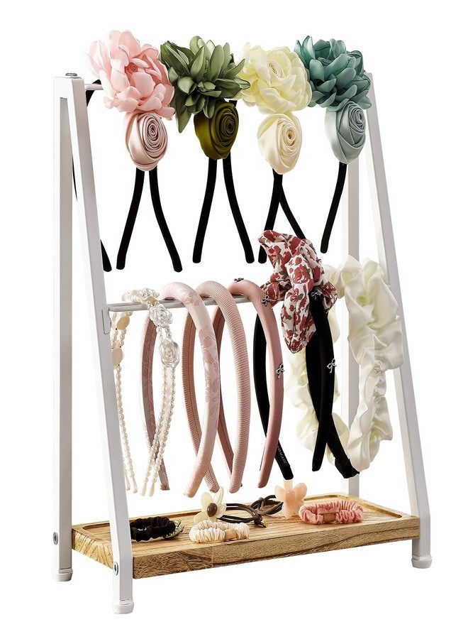 DGWJSU Headband Holder Organizer Metal 2-Tier Display Stand for Selling, Home Bedroom Headband Storage for Girls Women, Headband Stand Wood Base Can Store Hair Ties, White - Image 1