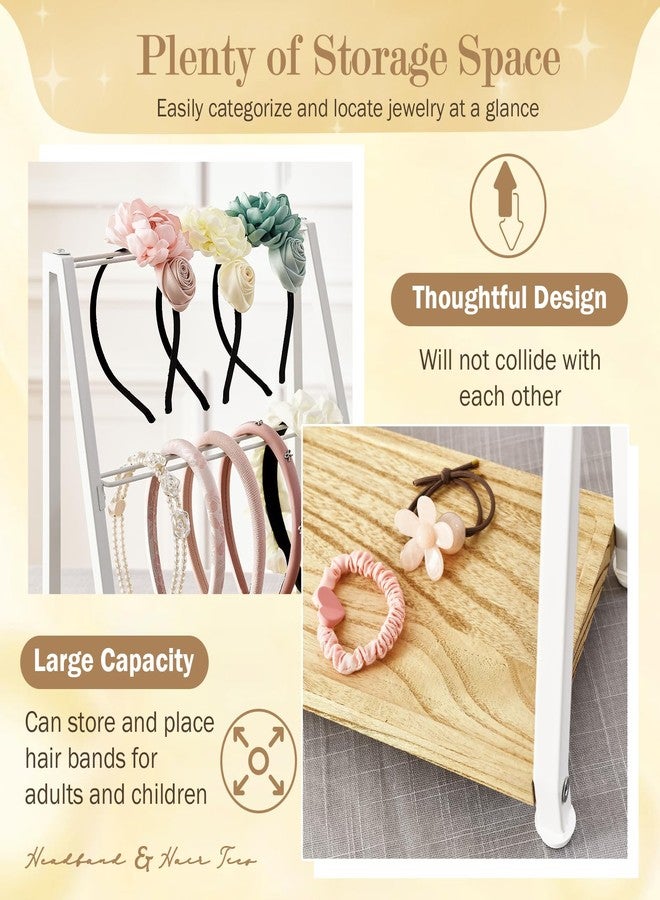 DGWJSU Headband Holder Organizer Metal 2-Tier Display Stand for Selling, Home Bedroom Headband Storage for Girls Women, Headband Stand Wood Base Can Store Hair Ties, White - Image 4