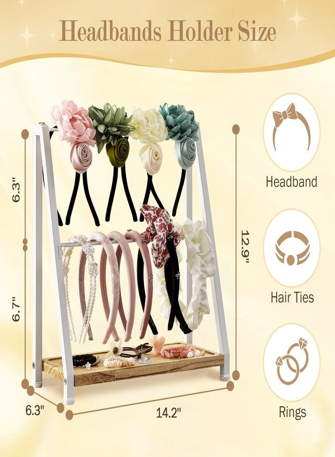 DGWJSU Headband Holder Organizer Metal 2-Tier Display Stand for Selling, Home Bedroom Headband Storage for Girls Women, Headband Stand Wood Base Can Store Hair Ties, White - Image 5