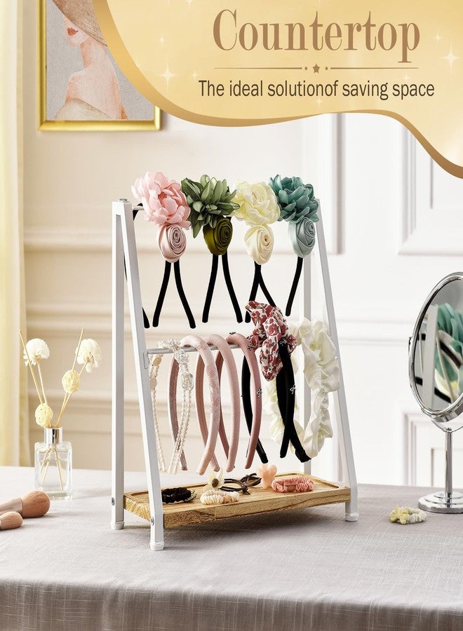 DGWJSU Headband Holder Organizer Metal 2-Tier Display Stand for Selling, Home Bedroom Headband Storage for Girls Women, Headband Stand Wood Base Can Store Hair Ties, White - Image 2