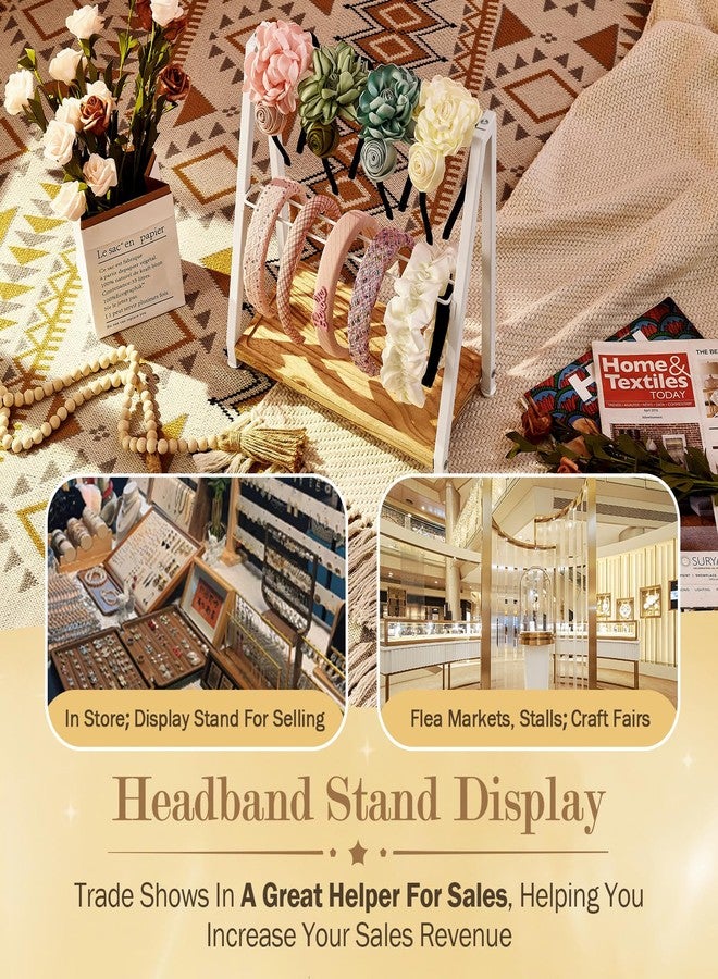 DGWJSU Headband Holder Organizer Metal 2-Tier Display Stand for Selling, Home Bedroom Headband Storage for Girls Women, Headband Stand Wood Base Can Store Hair Ties, White - Image 3