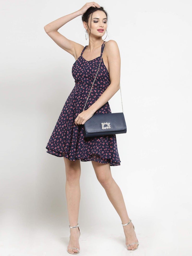 Sera Women's Navy Blue Criss Cross Back fit and Flare Dress - Image 2