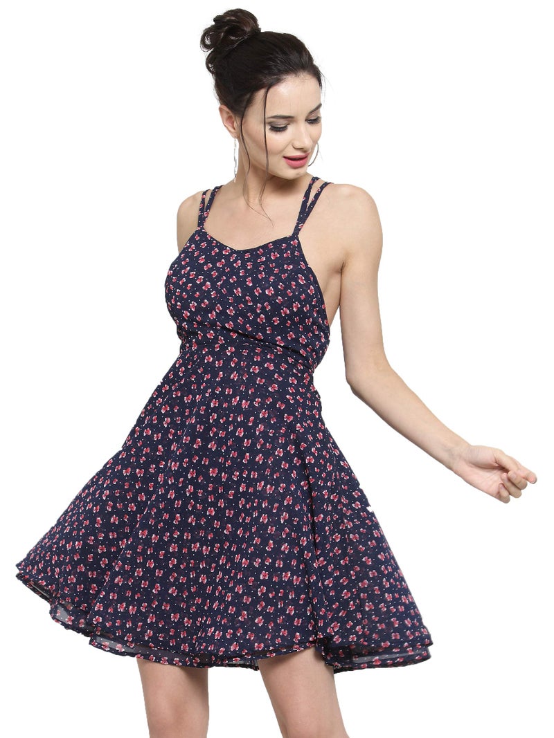 Sera Women's Navy Blue Criss Cross Back fit and Flare Dress - Image 5