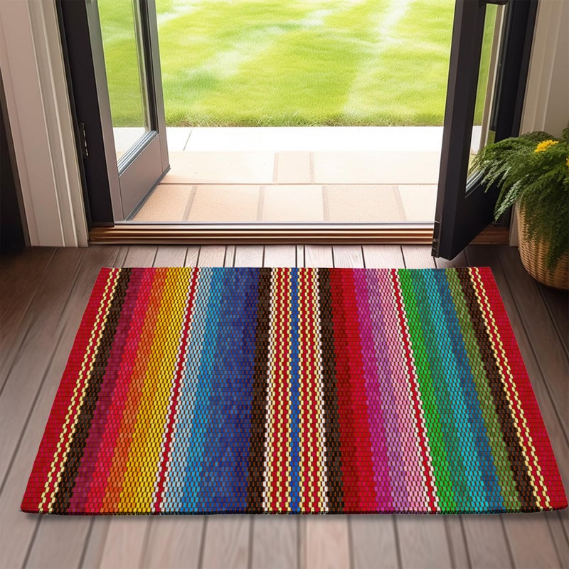 SPUNKER Front Door Mat,Mexican Indoor Outdoor Entrance Ethnic Stripes Rainbow Welcome Doormats,Non-Slip Low Profile Entryway Mats for Porch Patio 17''x30'' - Image 1