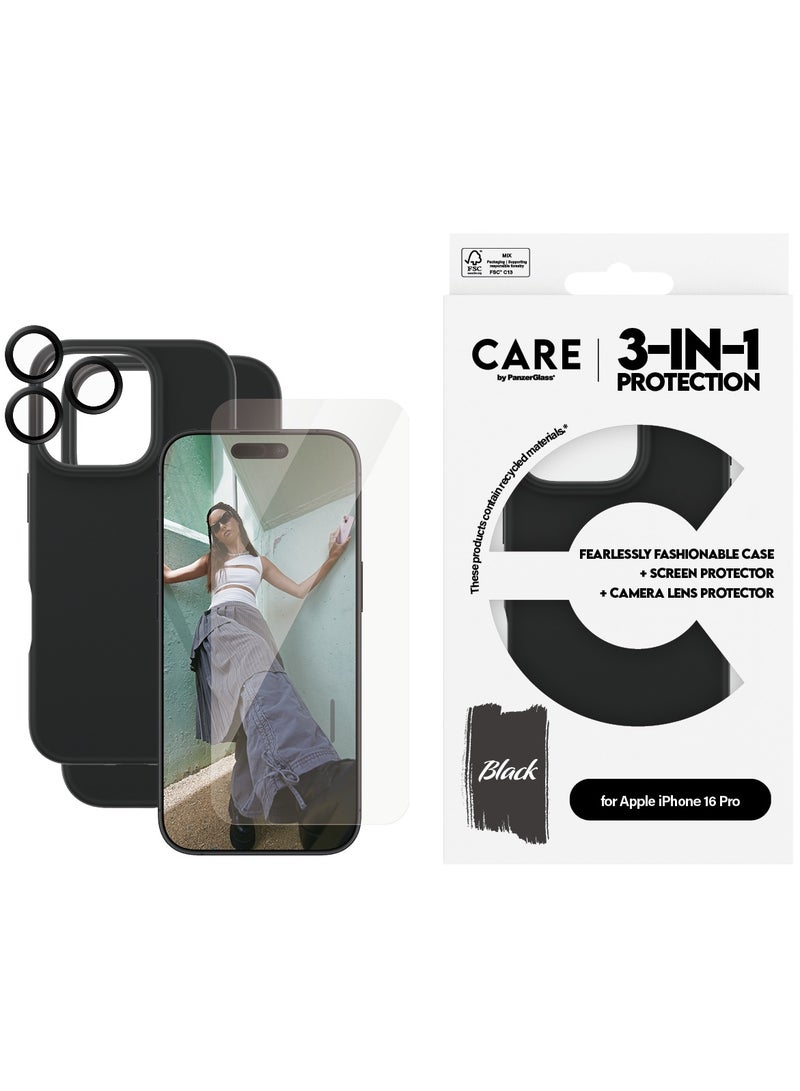 PanzerGlass CARE من PanzerGlass® حزمة 3 في 1 لهاتف iPhone 16 Pro، غلاف أنيق باللون الأسود، واقي شاشة بتصميم عريض للغاية، وواقي عدسة الكاميرا HoopsTM - مع مساعدة في التركيب لتسهيل التثبيت - Image 1