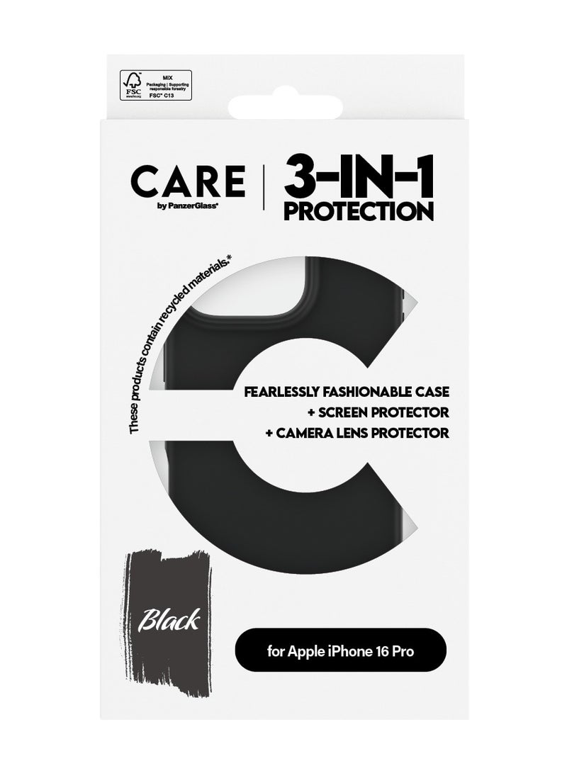 PanzerGlass CARE من PanzerGlass® حزمة 3 في 1 لهاتف iPhone 16 Pro، غلاف أنيق باللون الأسود، واقي شاشة بتصميم عريض للغاية، وواقي عدسة الكاميرا HoopsTM - مع مساعدة في التركيب لتسهيل التثبيت - Image 3