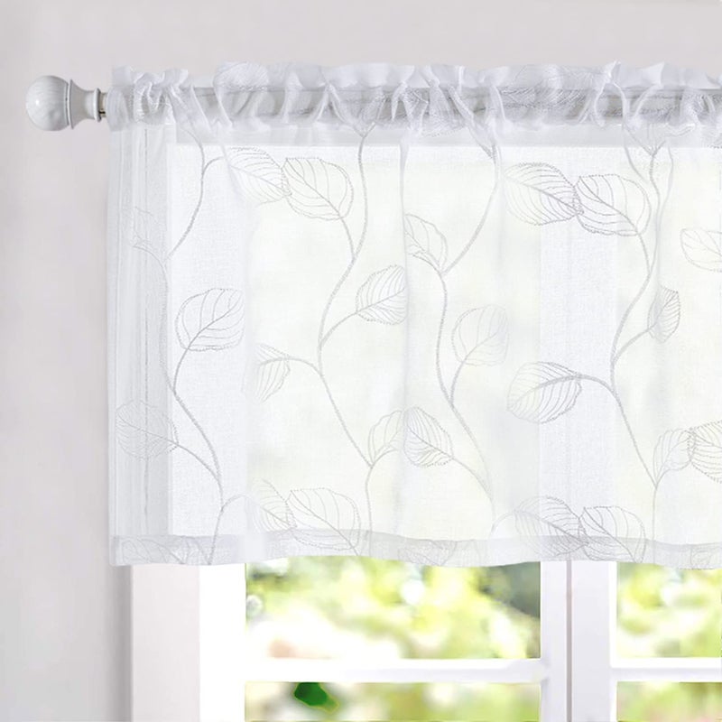 Topick White Sheer Leaf Curtain Kitchen Valance for Windows Leaf Embroidered Voile Small Curtain Valance Semi Sheer Farmhouse Curtain 18 Inch Rod Pocket 1 Panel White