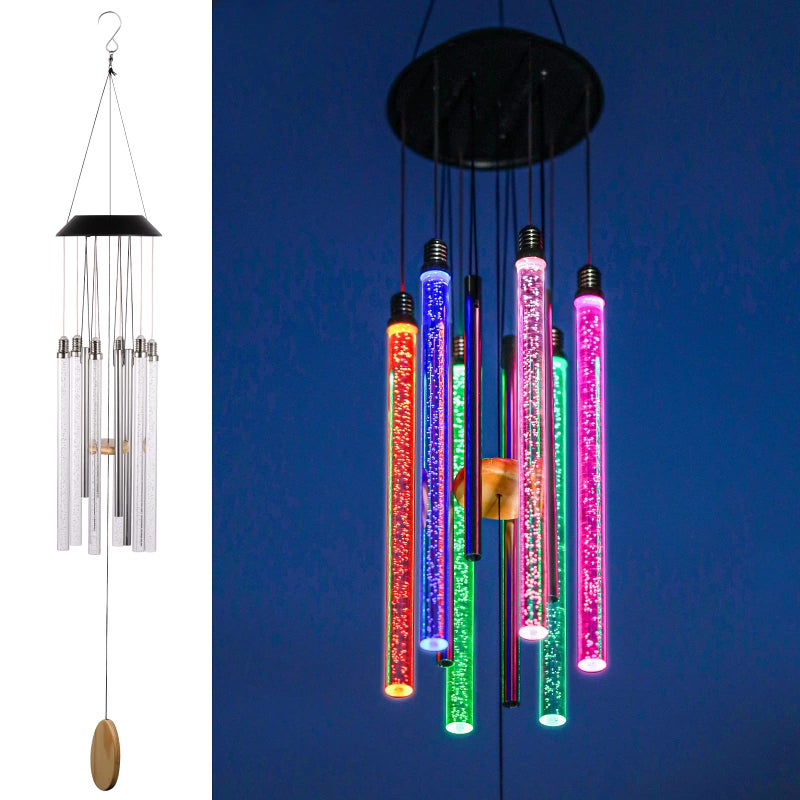 DesGully Solar Wind Chimes for Outside, DesGully 6 LED Tubes Color Changing Outdoor Clearance Unique Garden Decor Colorful Patio, Gifts for Her/Him (37" Long) - Image 1