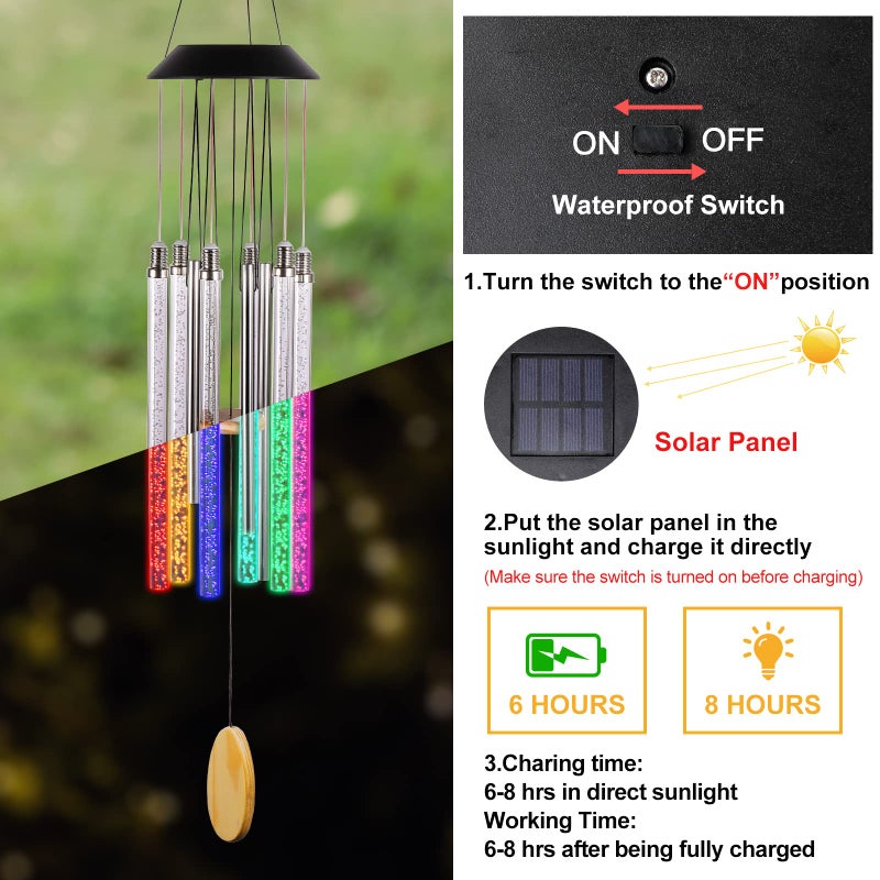 DesGully Solar Wind Chimes for Outside, DesGully 6 LED Tubes Color Changing Outdoor Clearance Unique Garden Decor Colorful Patio, Gifts for Her/Him (37" Long) - Image 5