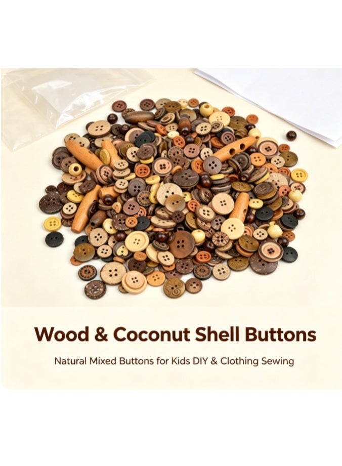 OASIS-TH 500-600 PCS Natural Wood & Coconut Shell Mixed Buttons, DIY Material Pack for Kids Button Art, Clothing Sewing, Handcraft Projects and Creative Decorations - Image 1