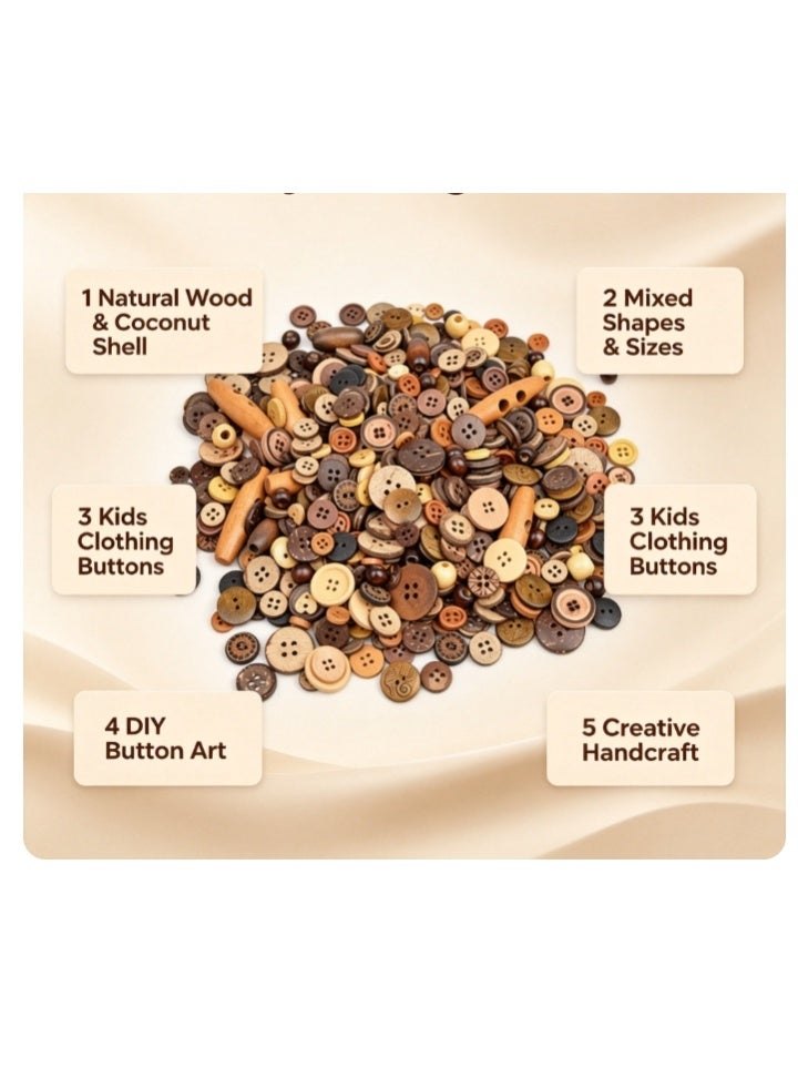 OASIS-TH 500-600 PCS Natural Wood & Coconut Shell Mixed Buttons, DIY Material Pack for Kids Button Art, Clothing Sewing, Handcraft Projects and Creative Decorations - Image 5