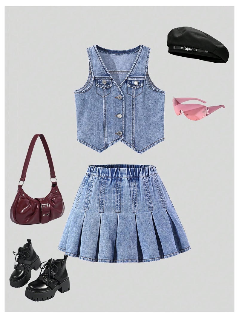 MakeMeChic Girl's Y2K Two Piece Cute Outfits Denim Jeans Sleeveless Button Down Vest and Pleated Mini Skirt Set 8-12 Years Blue 11Y - Image 5