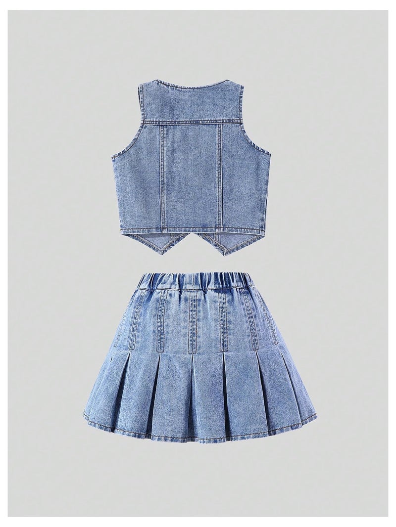 MakeMeChic Girl's Y2K Two Piece Cute Outfits Denim Jeans Sleeveless Button Down Vest and Pleated Mini Skirt Set 8-12 Years Blue 11Y - Image 2