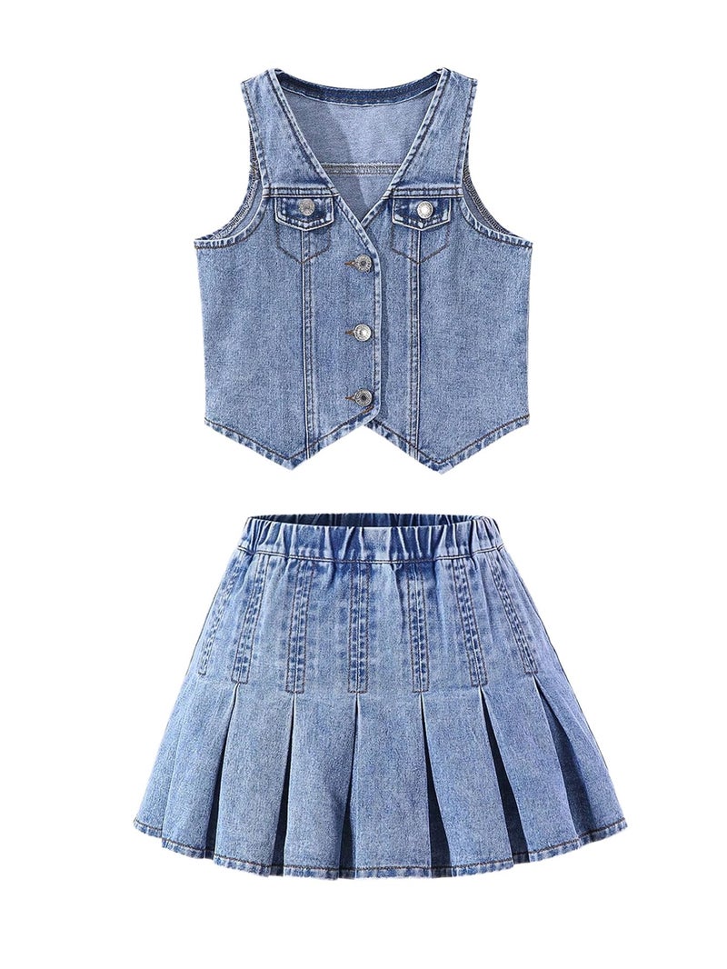 MakeMeChic Girl's Y2K Two Piece Cute Outfits Denim Jeans Sleeveless Button Down Vest and Pleated Mini Skirt Set 8-12 Years Blue 11Y - Image 1