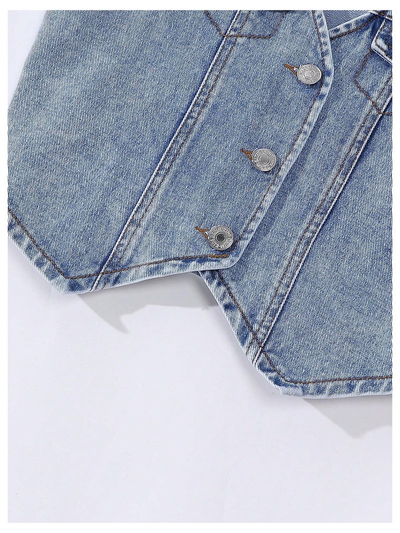 MakeMeChic Girl's Y2K Two Piece Cute Outfits Denim Jeans Sleeveless Button Down Vest and Pleated Mini Skirt Set 8-12 Years Blue 11Y - Image 3