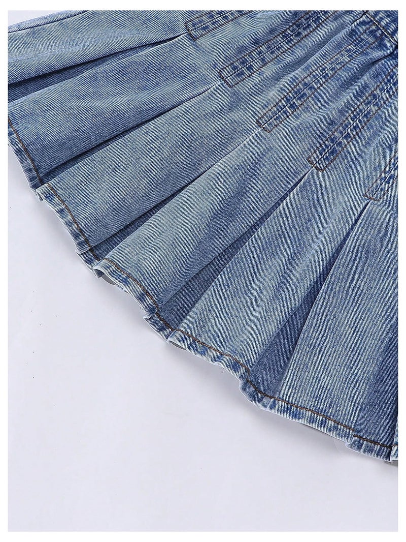 MakeMeChic Girl's Y2K Two Piece Cute Outfits Denim Jeans Sleeveless Button Down Vest and Pleated Mini Skirt Set 8-12 Years Blue 11Y - Image 4