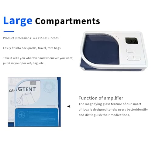 BARTER KINGS Pill Reminder，Pill Dispenser with Alarm，Equipped with Magnifying Glass，4 Reminder Alarms, Loud Sound,4 Large Compartments Portable Smart Pill Box - Image 4