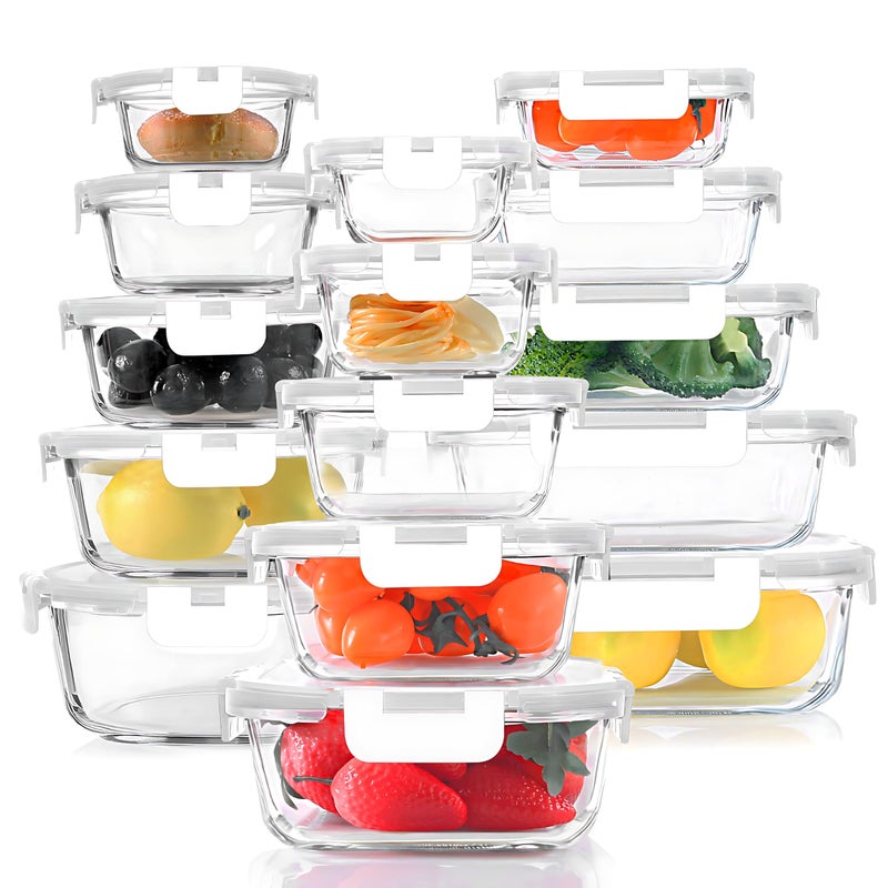 KOMUEE 30 Pieces Glass Food Storage Containers Set, Glass Meal Prep Containers Set with Snap Locking Lids, Airtight Glass lunch Containers, Microwave, Oven, Freezer & Dishwasher,White - Image 1