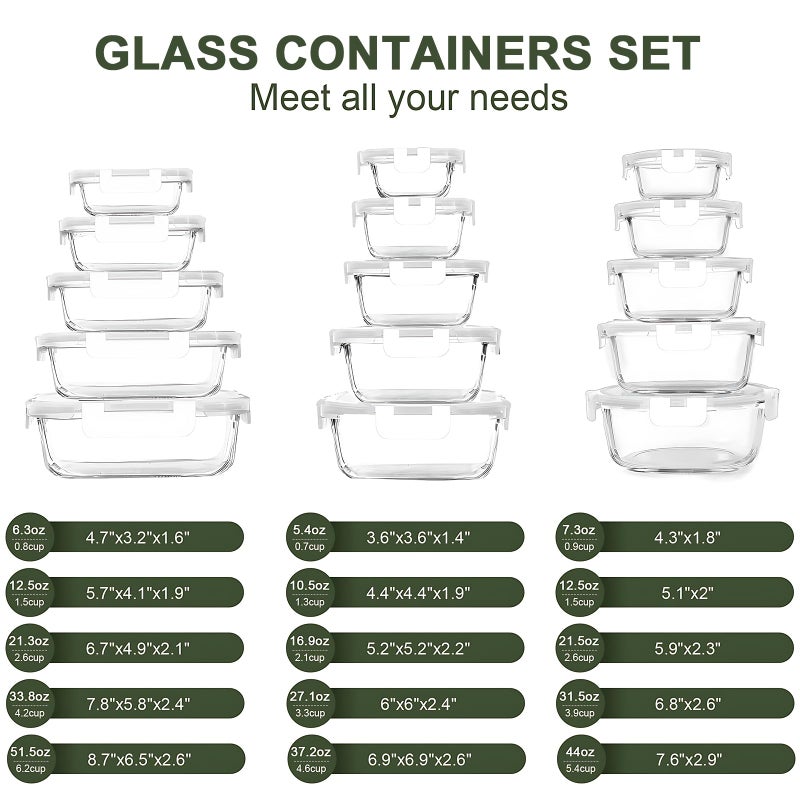 KOMUEE 30 Pieces Glass Food Storage Containers Set, Glass Meal Prep Containers Set with Snap Locking Lids, Airtight Glass lunch Containers, Microwave, Oven, Freezer & Dishwasher,White - Image 2