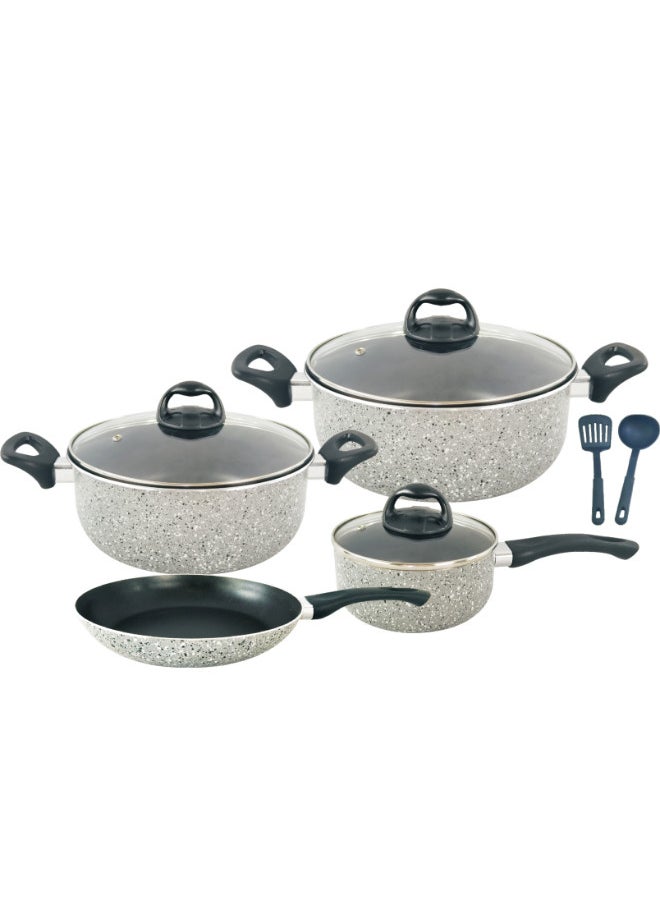 9-Piece Aluminum Cookware Set With Glass Lid & Heat Resistant Handle Size 16,20,24,24CM Grey 