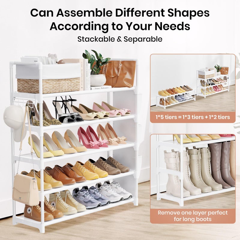 VILICK Shoe Rack for Closet Shoe Organizer Space Saver Storage for 20-25 Pair Shoe Shelf with Hook and Side Pocket Free Standing 5 Tier Shoe Rack Organizer for Entryway,Small Spaces, White - Image 5
