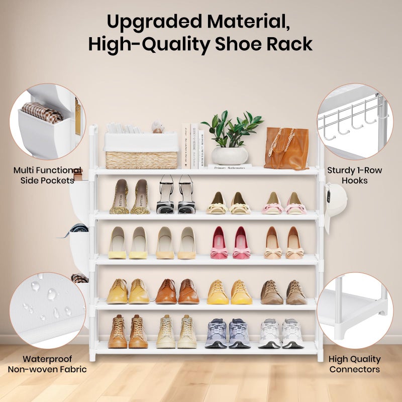 VILICK Shoe Rack for Closet Shoe Organizer Space Saver Storage for 20-25 Pair Shoe Shelf with Hook and Side Pocket Free Standing 5 Tier Shoe Rack Organizer for Entryway,Small Spaces, White - Image 4