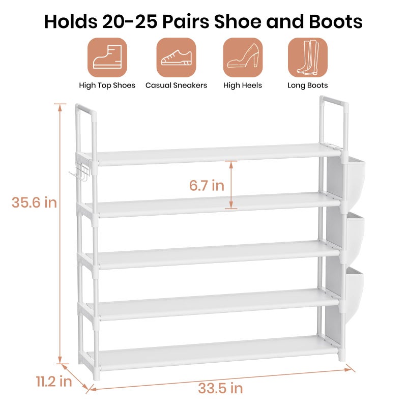 VILICK Shoe Rack for Closet Shoe Organizer Space Saver Storage for 20-25 Pair Shoe Shelf with Hook and Side Pocket Free Standing 5 Tier Shoe Rack Organizer for Entryway,Small Spaces, White - Image 3