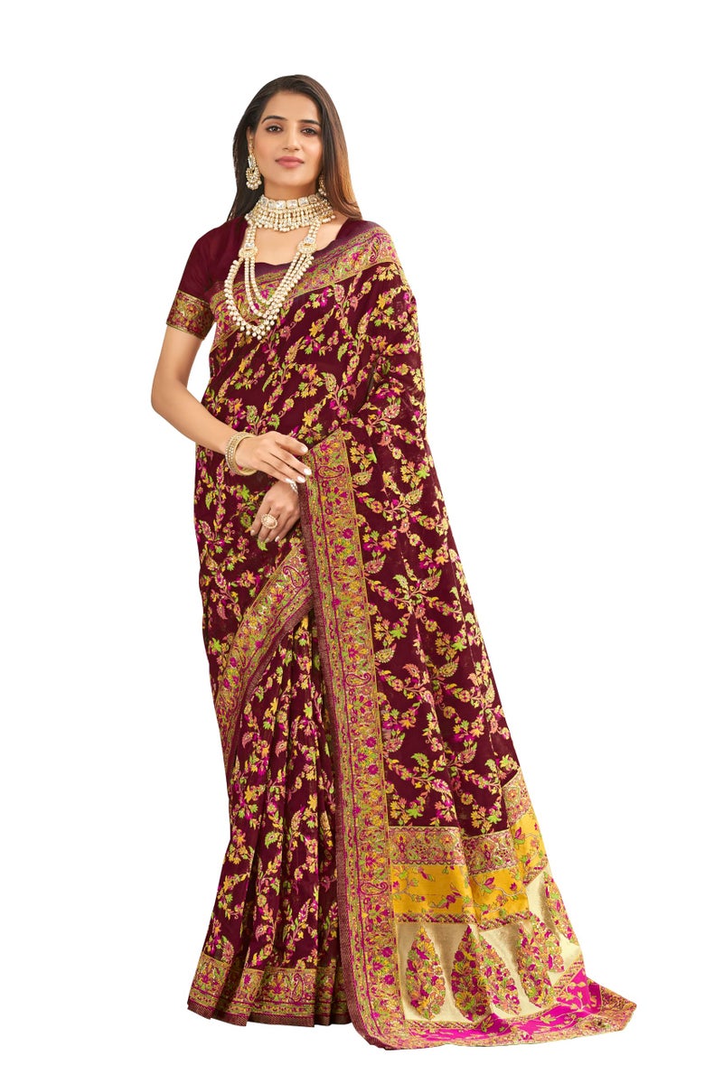 Glory Sarees Women's Kashmiri Cotton Woven Saree With Blouse Piece (Heritage_Silk111_Maroon) - Image 1