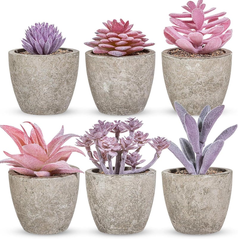 FineCheer Set of 6 Artificial Succulents Potted - Realistic Mini Fake Cactus Plants in Paper Pulp Pots, 2-4'' Mixed Sizes for Farmhouse Shelf, Bathroom, Coatrack Shelf, Bedroom Indoor(Elegant Style) - Image 1